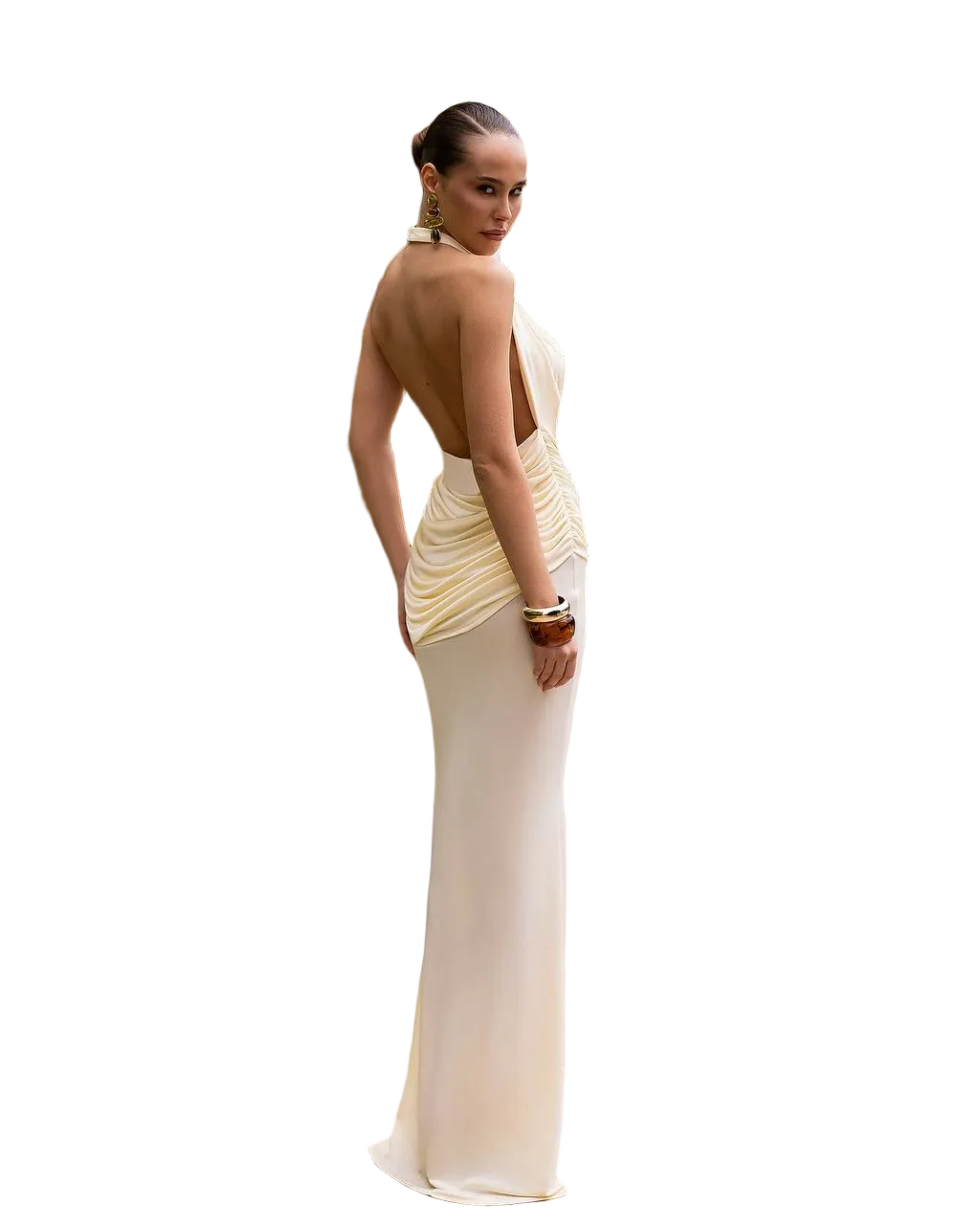 Ivory Backless Draped Halter Evening Gown Dense Butter Knitwear