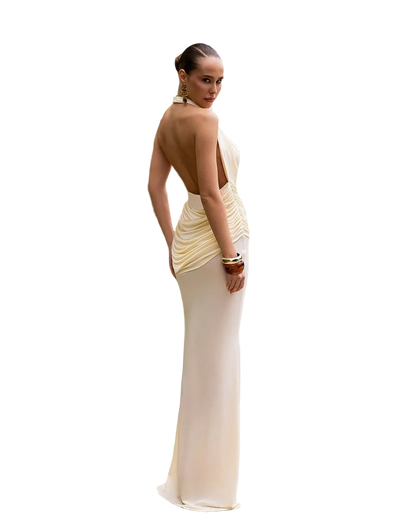 Ivory Backless Draped Halter Evening Gown Dense Butter Knitwear