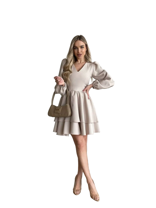 Beige V Neck Tiered Mini Dress with Long Puff Sleeves