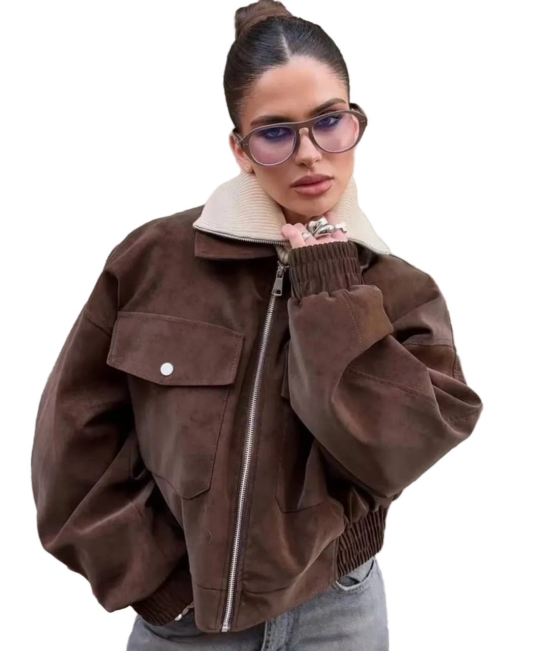 Women Suede Bomber Jacket Oversize Chocolate Brown