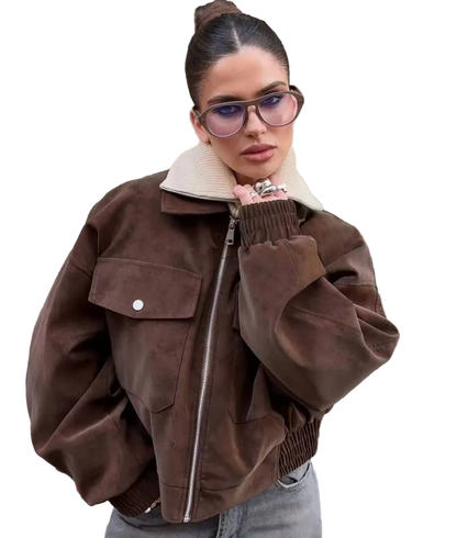 Women Suede Bomber Jacket Oversize Chocolate Brown