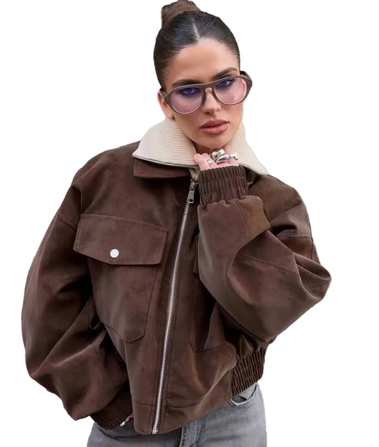 Women Suede Bomber Jacket Oversize Chocolate Brown