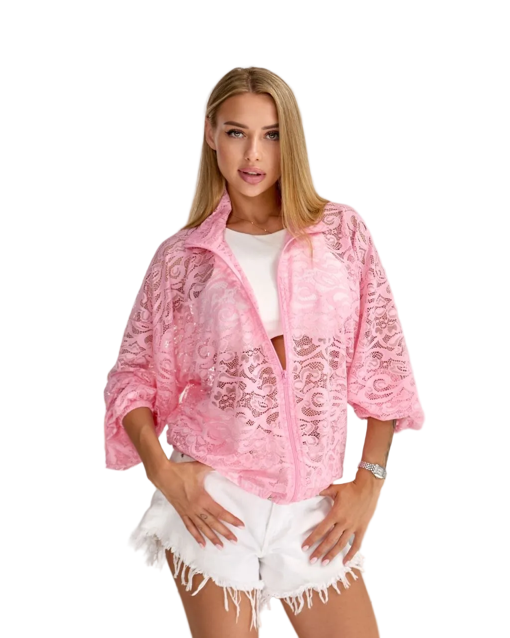 Women Lace Bomber Jacket Pink