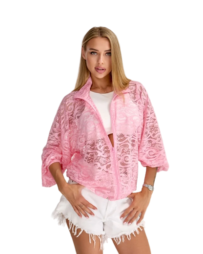 Women Lace Bomber Jacket Pink