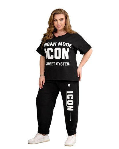 Women Black Tracksuit Icon Urban Street Set Plus Size Athleisure