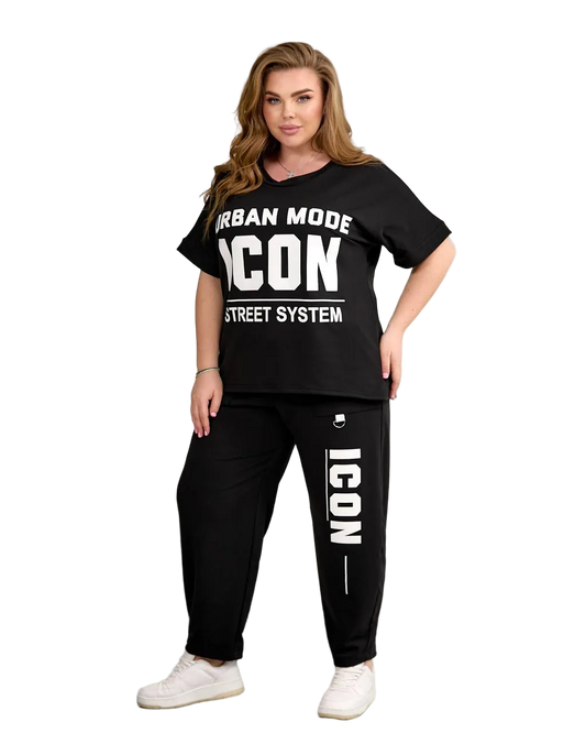 Women Black Tracksuit Icon Urban Street Set Plus Size Athleisure