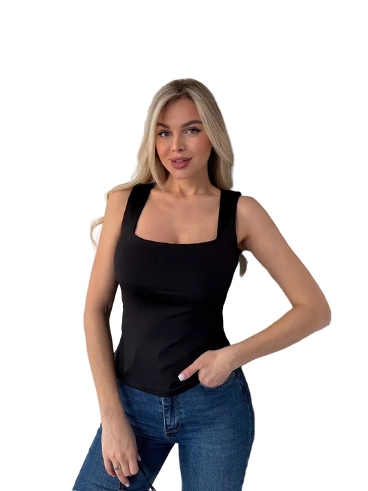 Black Womens Square Neck Fitted Tank Top Basic Sleeveless Tee
