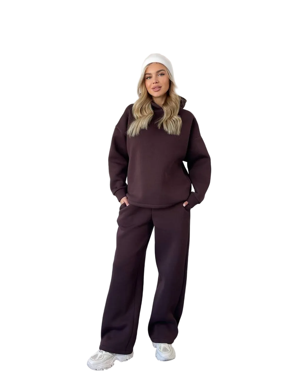 Chocolate Brown Fleece Tracksuit Women Oversized Hooded Loungewear Set