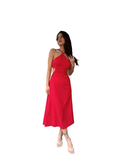 Red Polka Dot Cutout Midi Dress Women Asymmetric Summer Dress