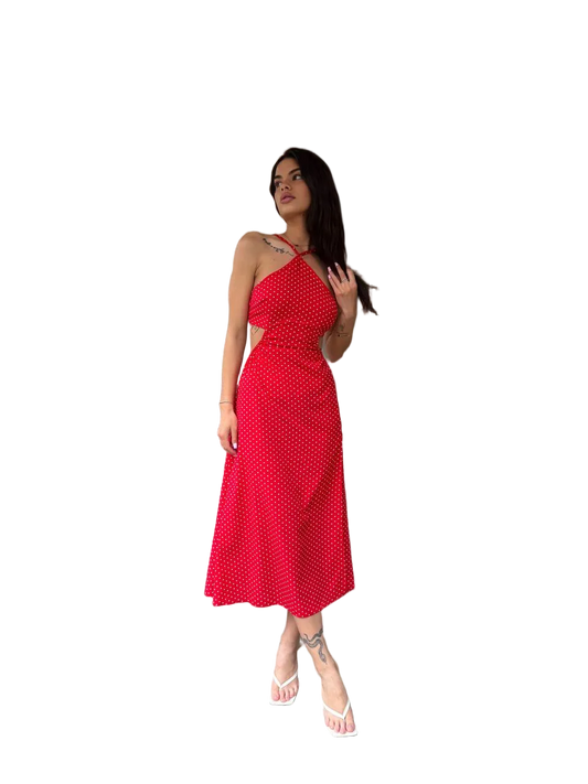 Red Polka Dot Cutout Midi Dress Women Asymmetric Summer Dress