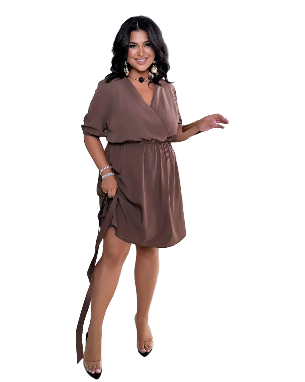 Brown Soft Fabric Wrap Style Dress With Belt Elastic Waist V Neck