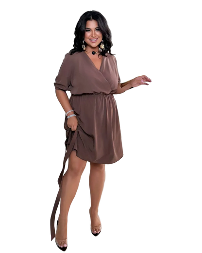 Brown Soft Fabric Wrap Style Dress With Belt Elastic Waist V Neck
