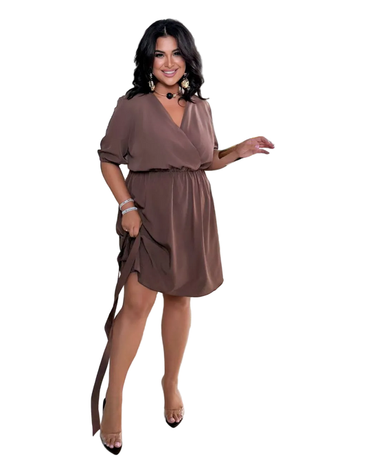 Brown Soft Fabric Wrap Style Dress With Belt Elastic Waist V Neck