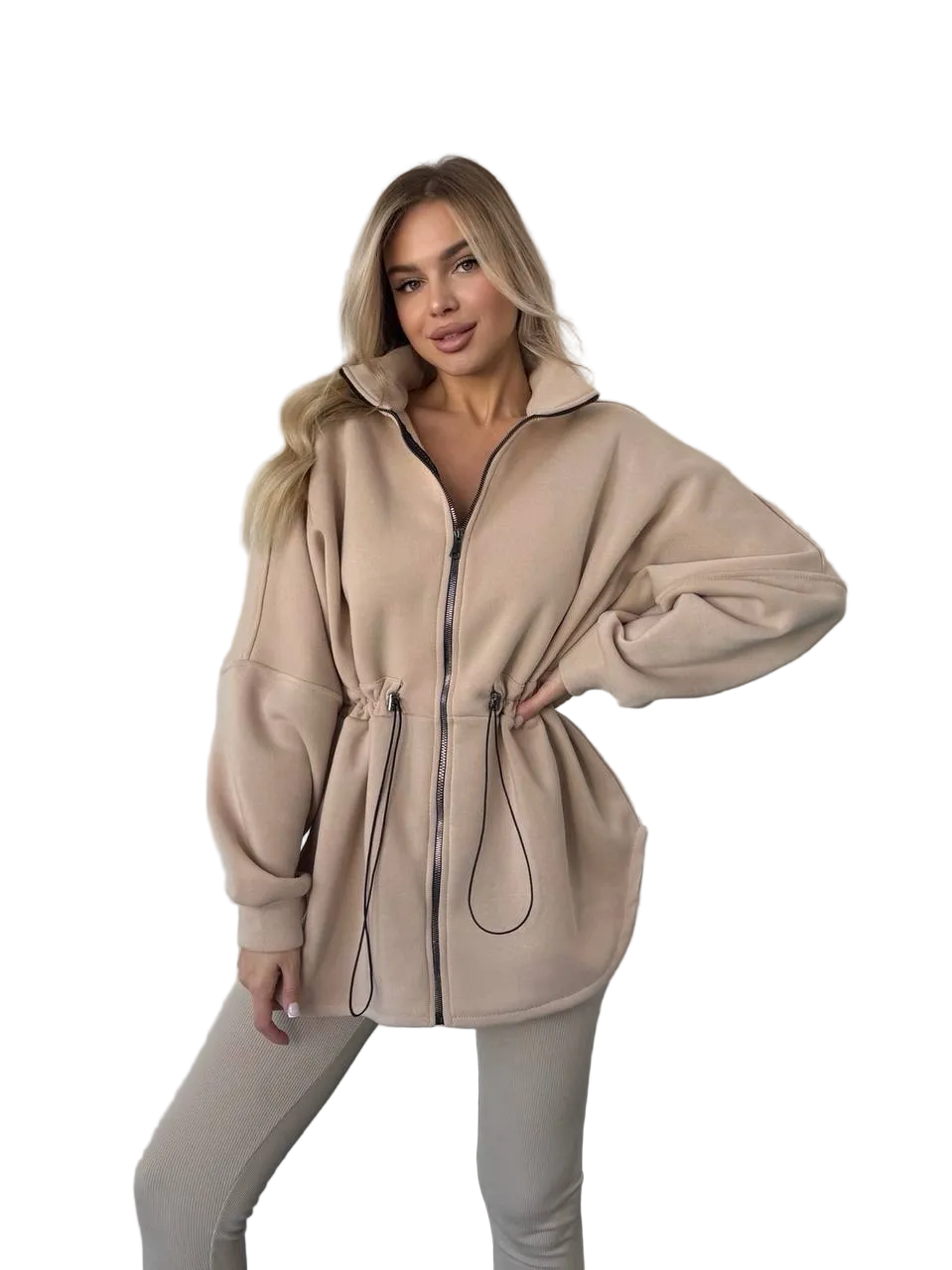Beige Fleece Lined Zip Sweater with Drawstring Waist