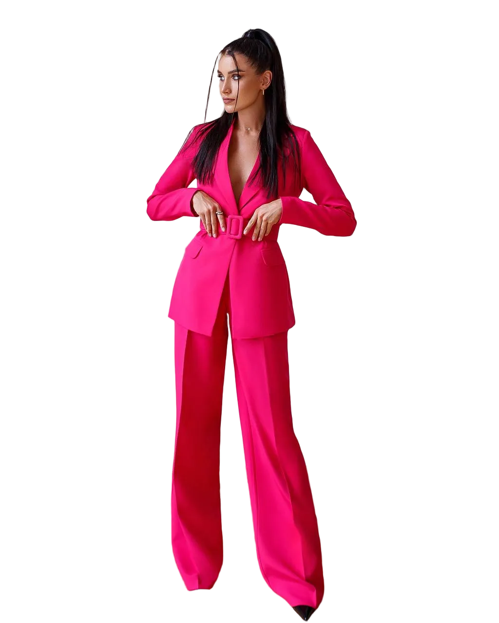 Womens Tailored Blazer and Wide Leg Trouser Suit in Diagonal Suiting Crepe