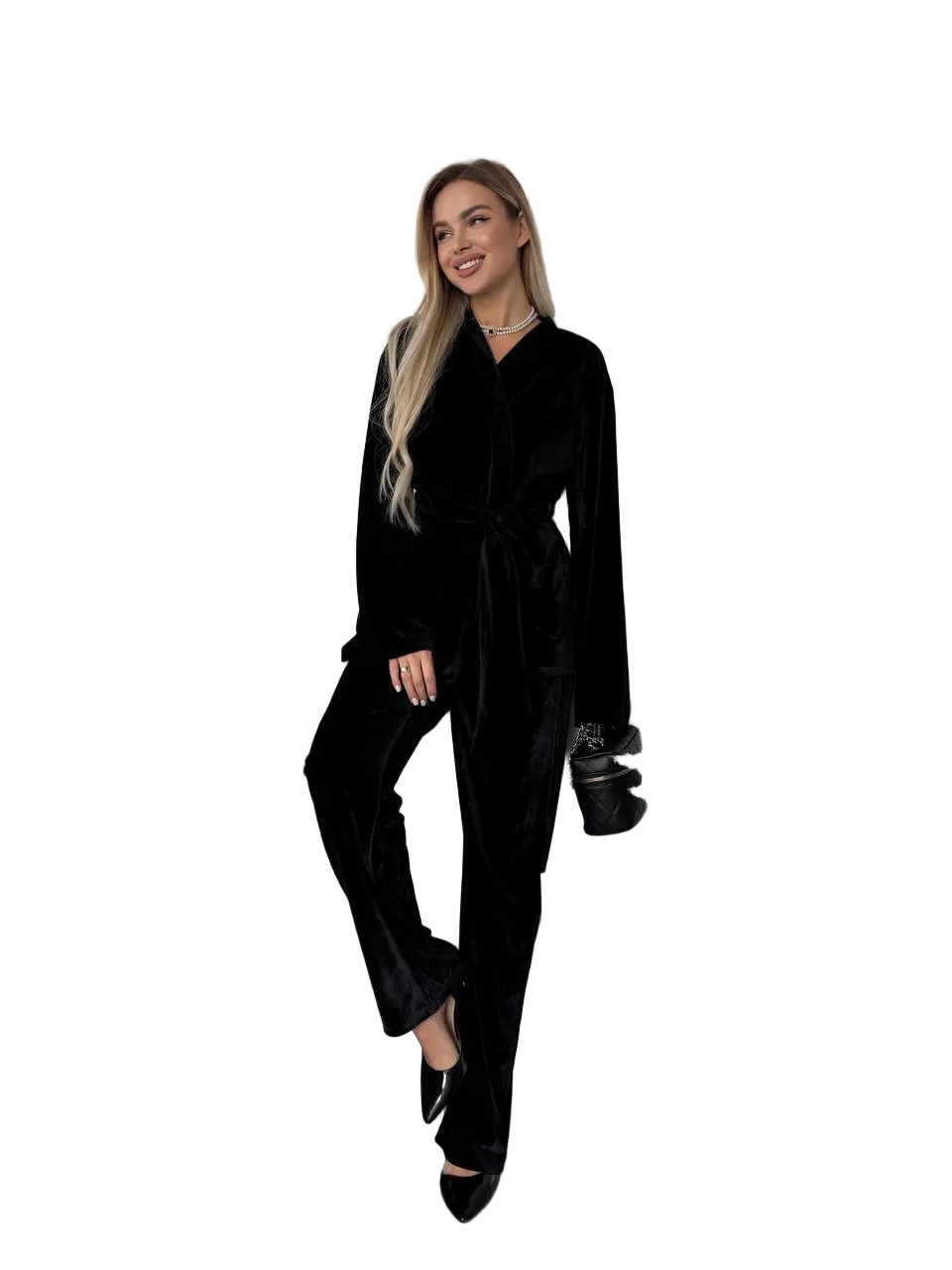 Black Velvet Two Piece Suit Cardigan and Straight Pants