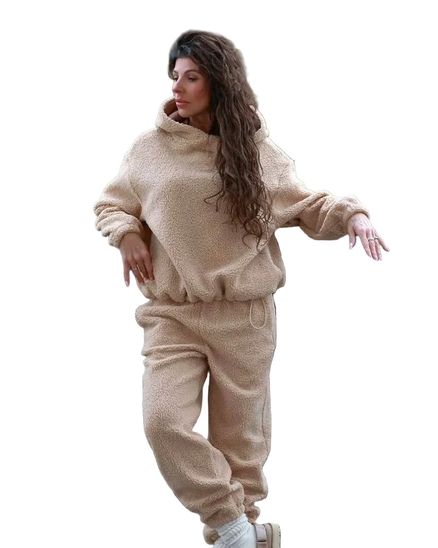 Beige Oversized Teddy Fleece Suit Womens Hooded Tracksuit Cozy Loungewear Set