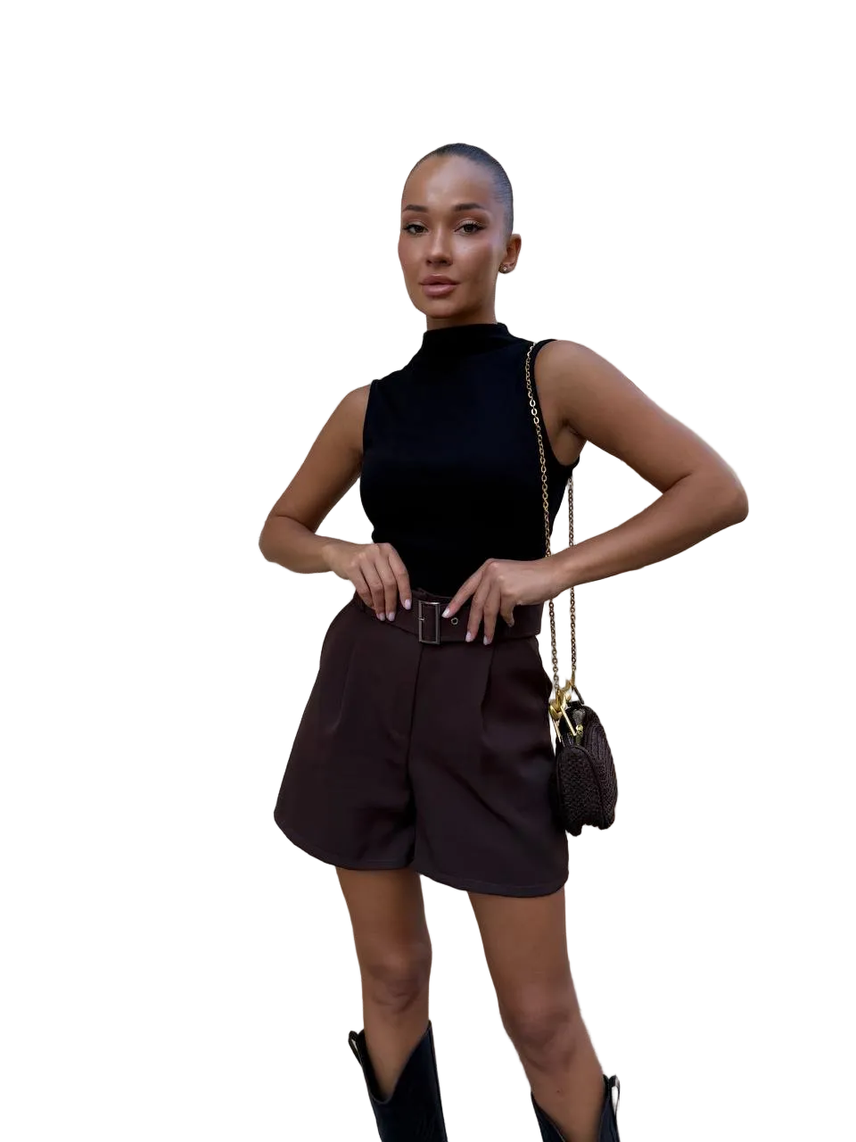 Brown Bermuda Shorts with Belt Women Tailored Suiting Fabric High Waist