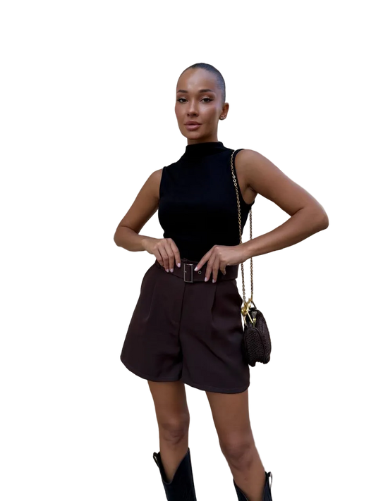 Brown Bermuda Shorts with Belt Women Tailored Suiting Fabric High Waist