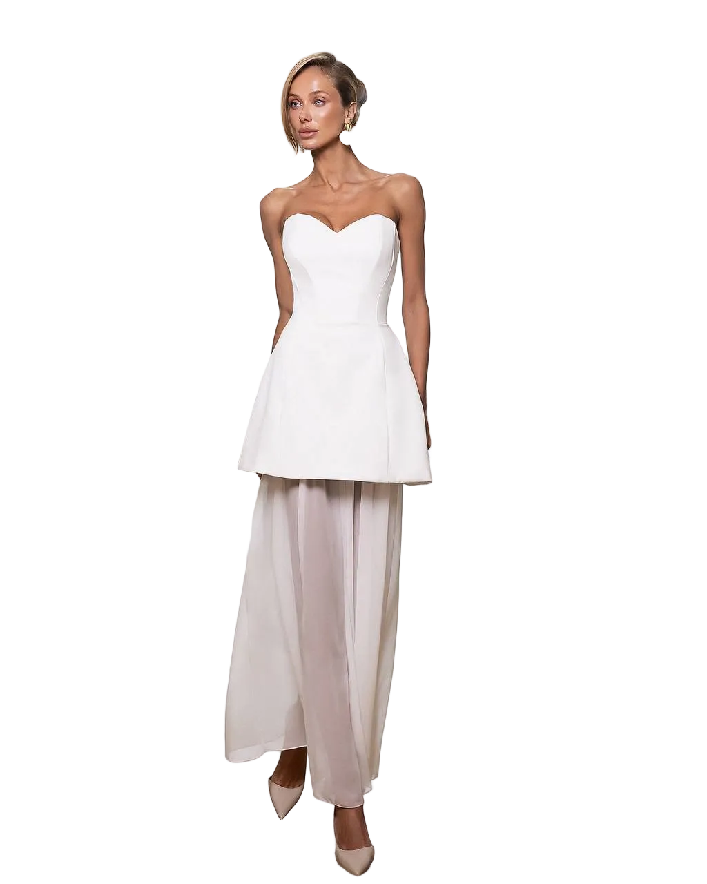 White Strapless Sweetheart Dress Chiffon Skirt Crepe Diagonal