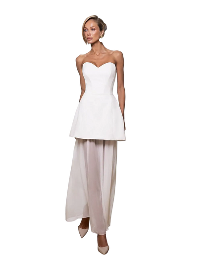 White Strapless Sweetheart Dress Chiffon Skirt Crepe Diagonal