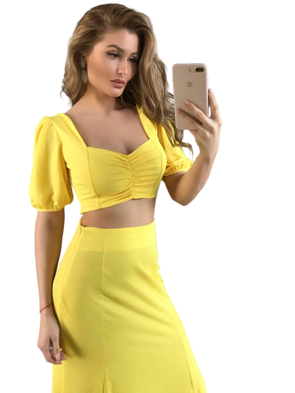 Yellow Womens Two Piece Tailored Suit Crop Top and Skirt Suiting Fabric
