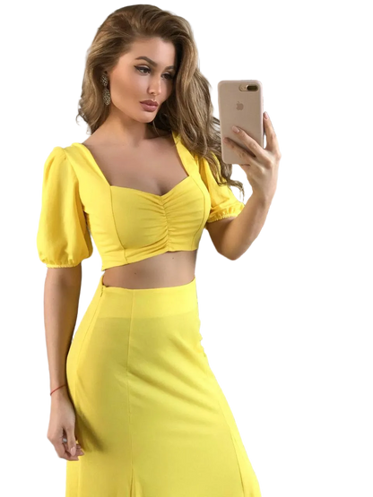 Yellow Womens Two Piece Tailored Suit Crop Top and Skirt Suiting Fabric
