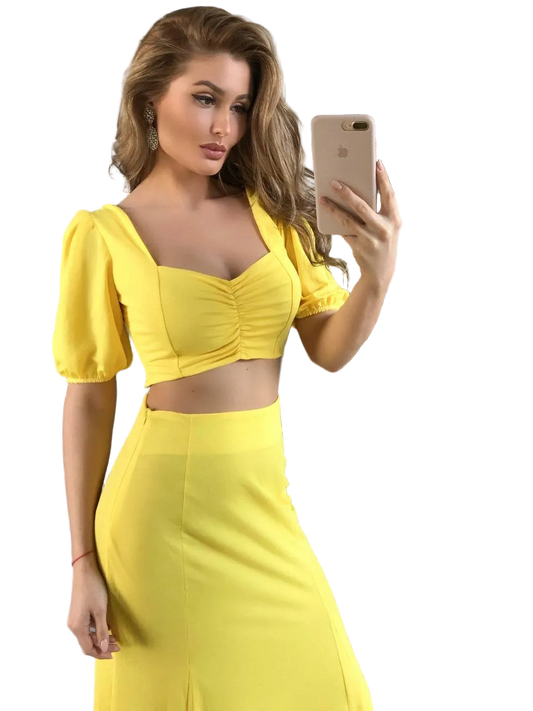 Yellow Womens Two Piece Tailored Suit Crop Top and Skirt Suiting Fabric