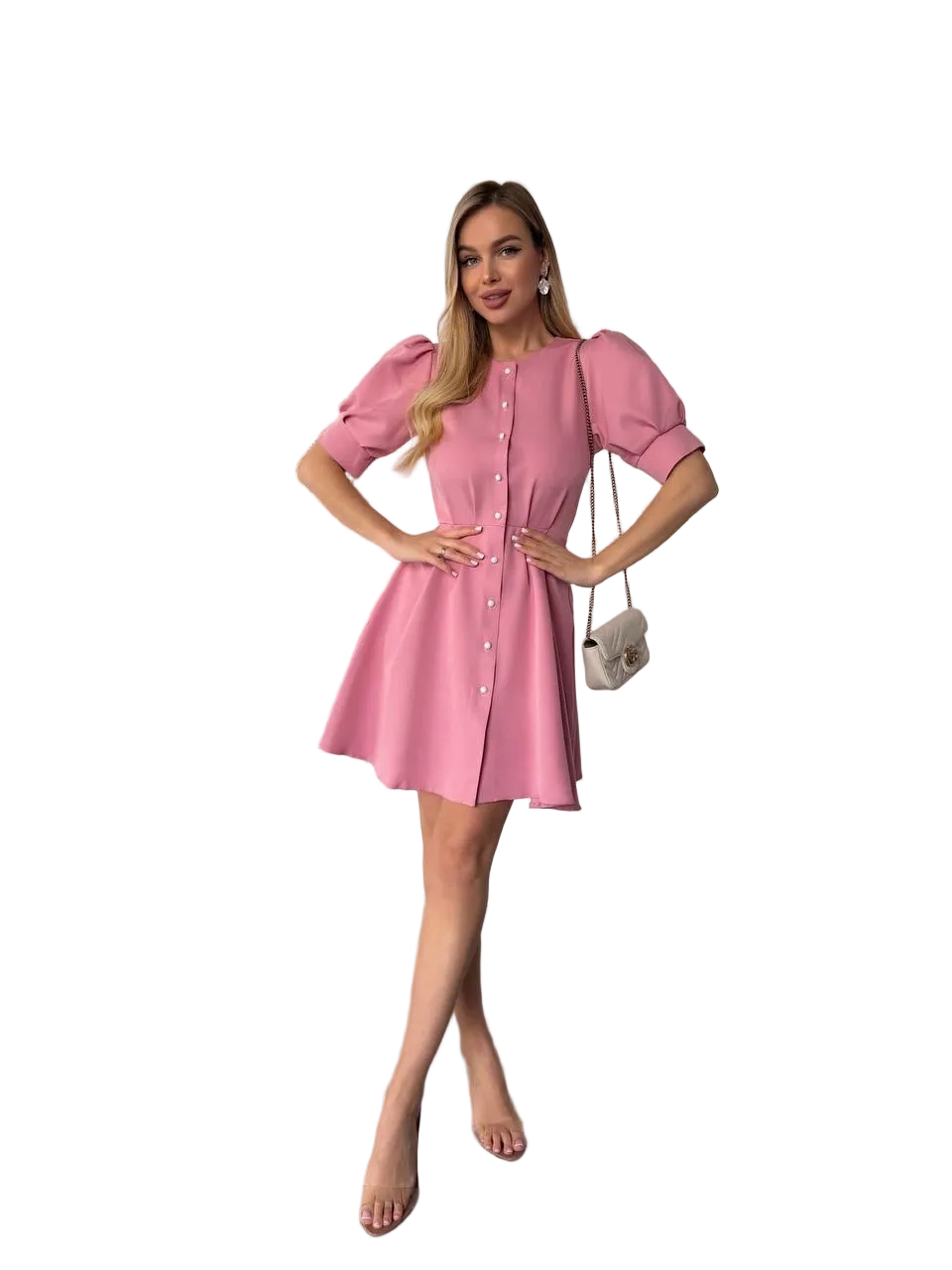 Pink Puff Sleeve A Line Dress Pearl Button Front Elegant Mini Dress