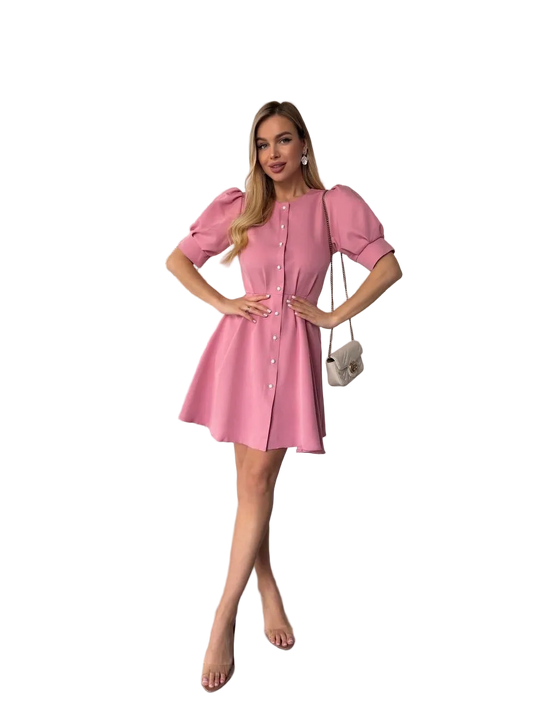 Pink Puff Sleeve A Line Dress Pearl Button Front Elegant Mini Dress