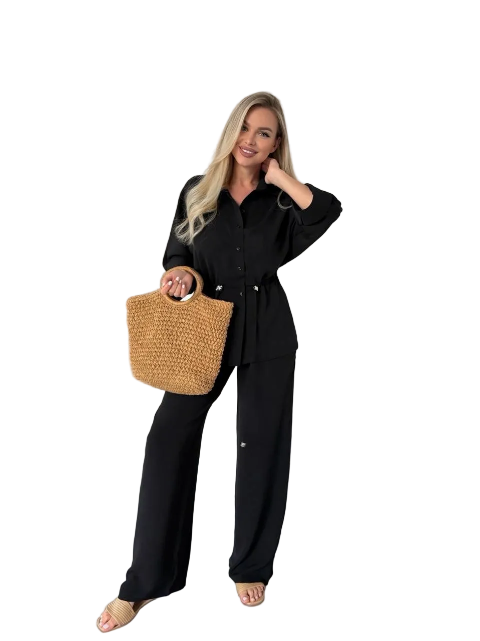 Black Womens Two Piece Suit Krep Zhatka Drawstring Waist Wide Leg Pants Silver Hardware