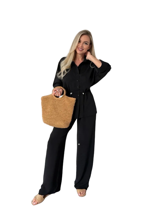 Black Womens Two Piece Suit Krep Zhatka Drawstring Waist Wide Leg Pants Silver Hardware