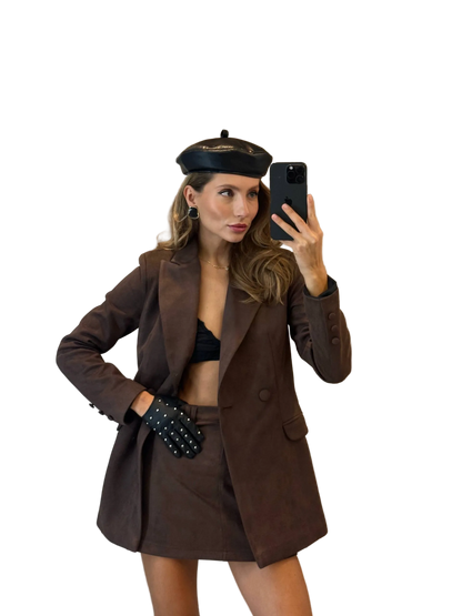 Womens Suede Diving Skirt Suit Lined Jacket Tailored Blazer Set