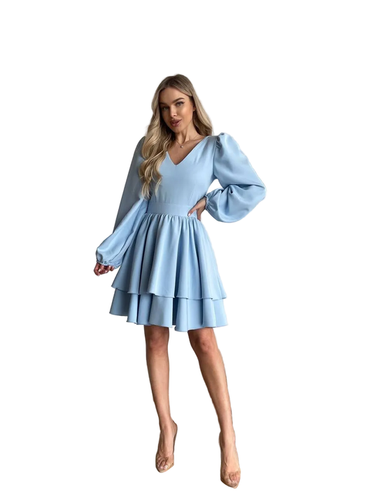 Light Blue V Neck Layered Dress with Puff Sleeves