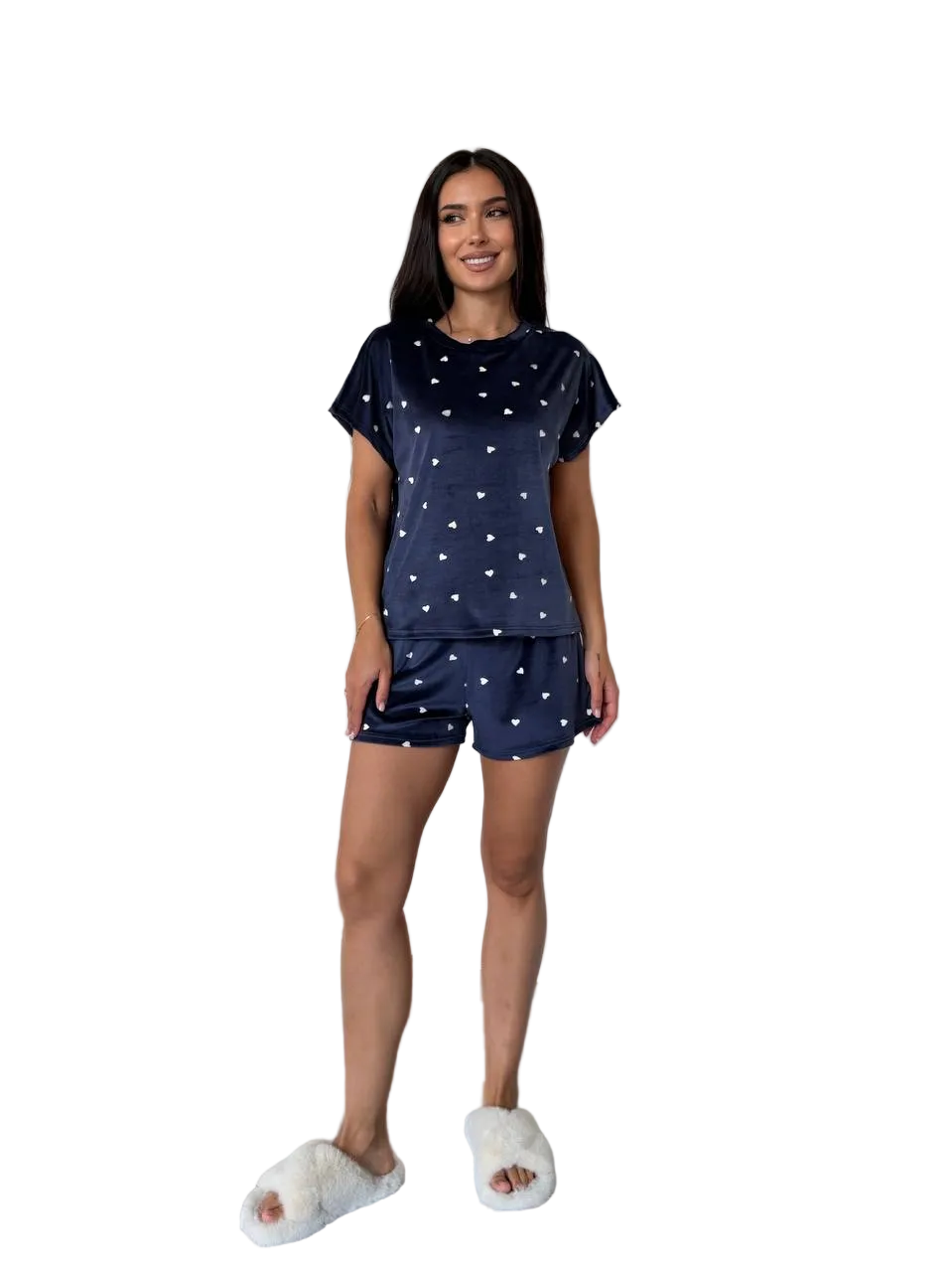 Velour Navy Heart Print Pajama Set Women Short Sleeve Top Elastic Waist Shorts