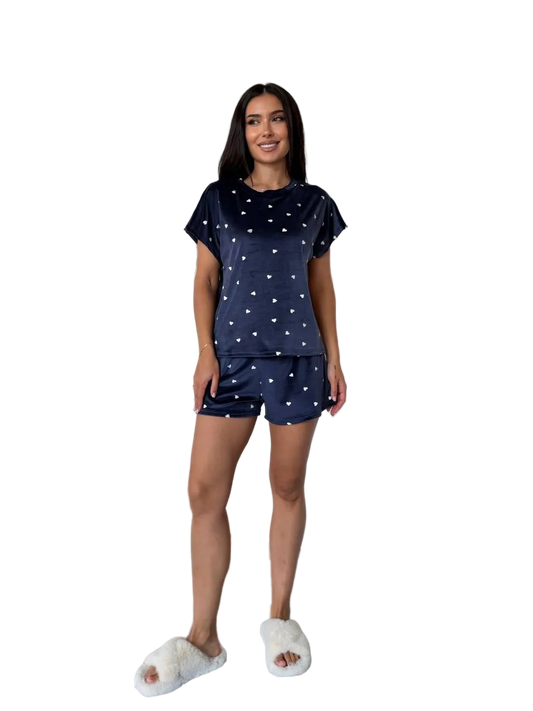 Velour Navy Heart Print Pajama Set Women Short Sleeve Top Elastic Waist Shorts