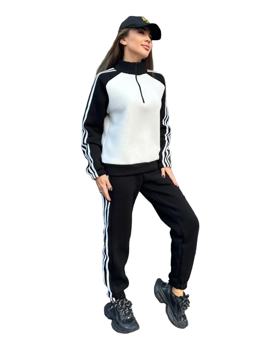 Black White Fleece Tracksuit Women Two Piece Athleisure Set Zip Pullover
