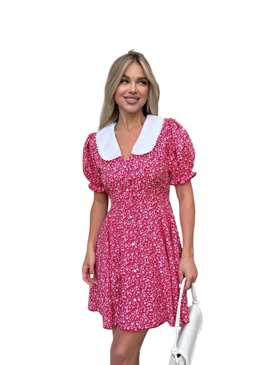 Red Floral Summer Dress with White Collar Puff Sleeve Women Super Soft Fabric