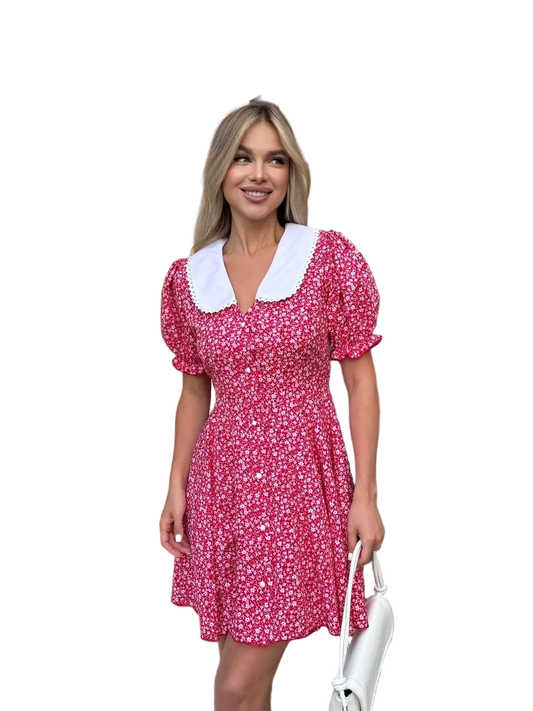 Red Floral Summer Dress with White Collar Puff Sleeve Women Super Soft Fabric