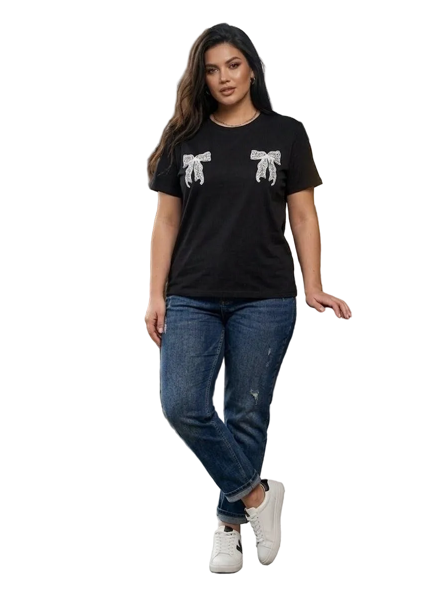 Black Women Short Sleeve T Shirt with Bow Detail Plus Size Kulir Tee