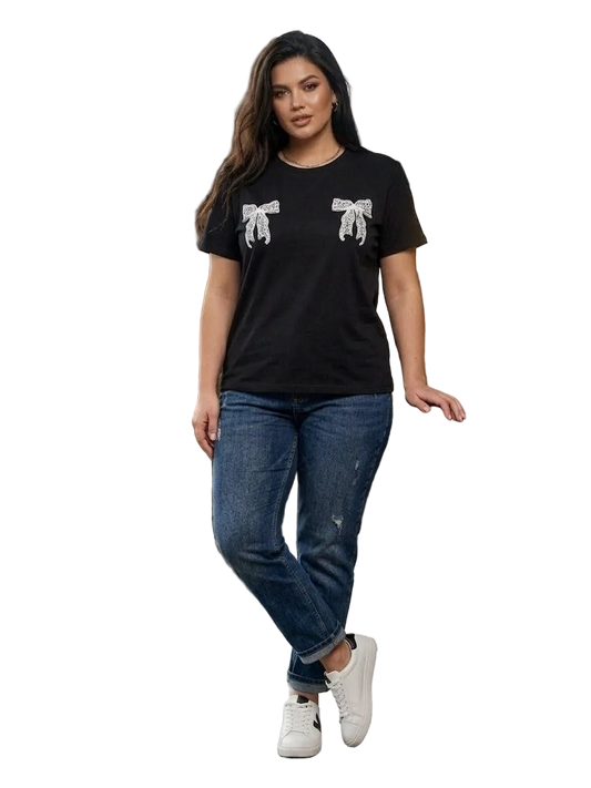 Black Women Short Sleeve T Shirt with Bow Detail Plus Size Kulir Tee