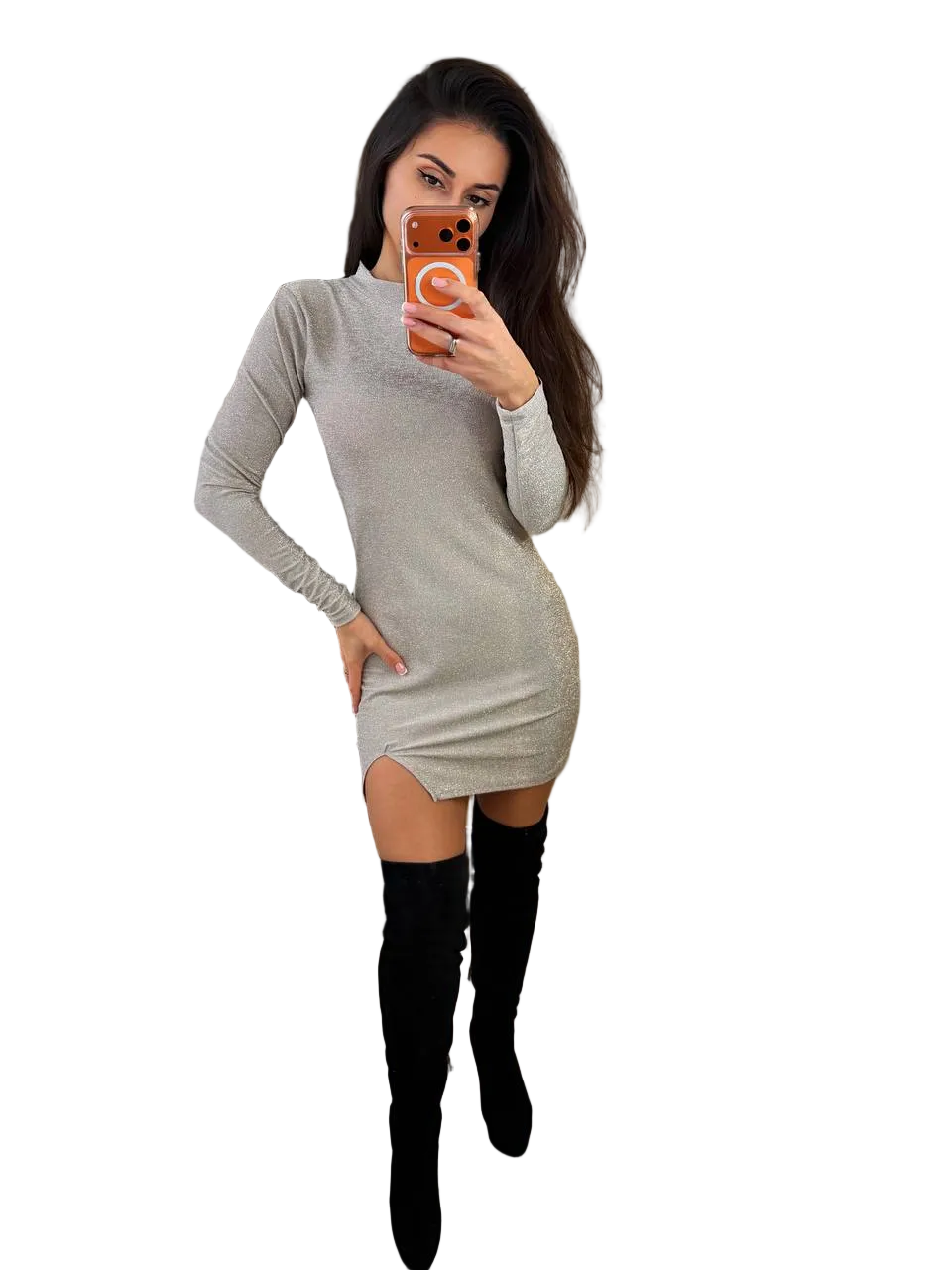 Silver Lurex Mini Dress Long Sleeve Shimmer Bodycon Party Dress