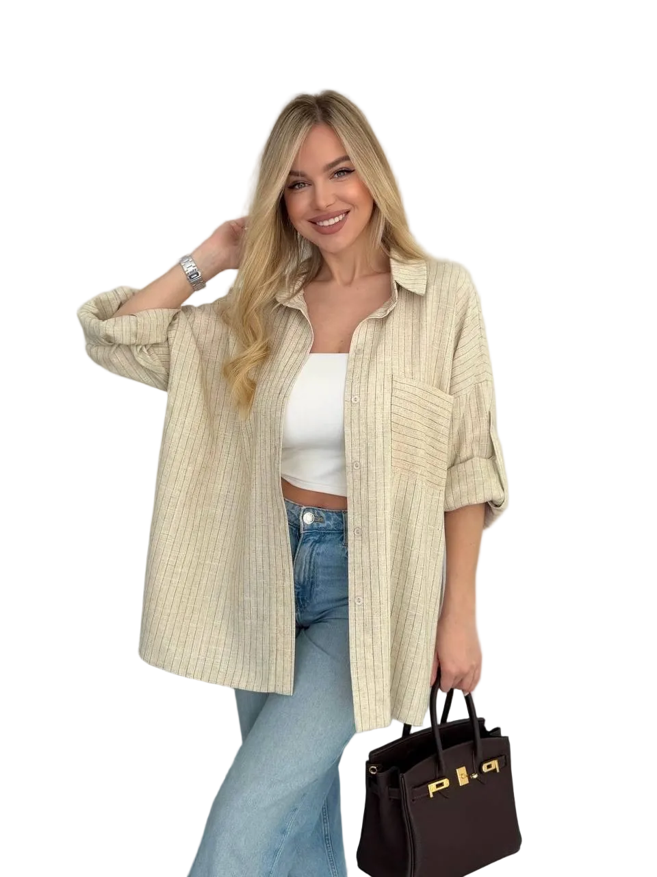 Beige Oversized Button Up Shirt Women Loose Fit Roll Sleeve