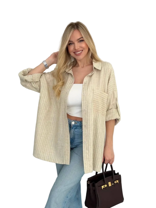 Beige Oversized Button Up Shirt Women Loose Fit Roll Sleeve