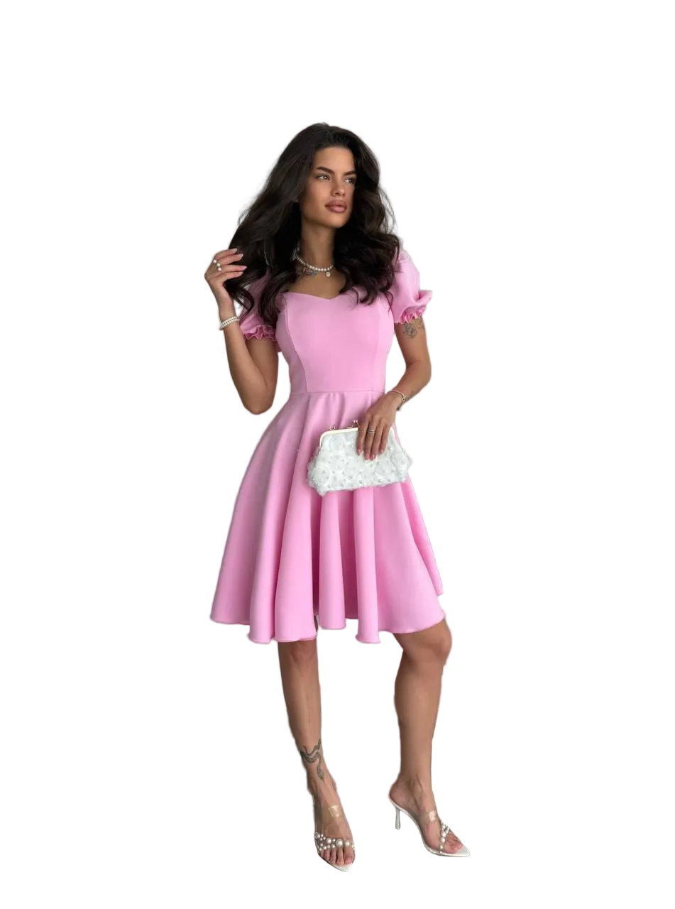 Pink Fit and Flare Dress Women Puff Sleeve Sweetheart Neckline Summer Party Dress