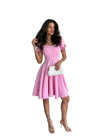 Pink Fit and Flare Dress Women Puff Sleeve Sweetheart Neckline Summer Party Dress