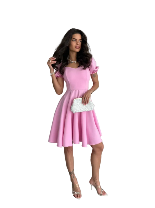 Pink Fit and Flare Dress Women Puff Sleeve Sweetheart Neckline Summer Party Dress