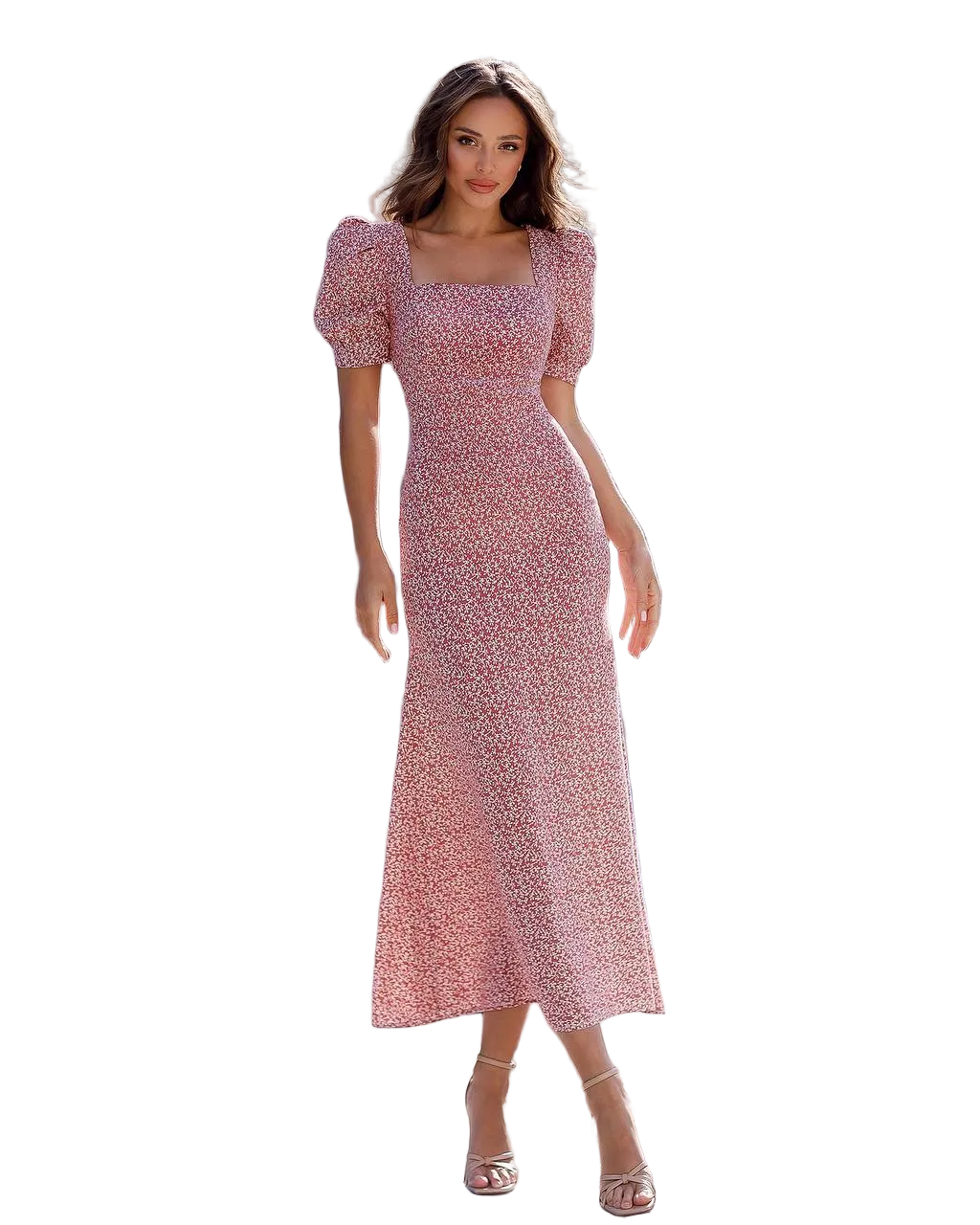 Womens Floral Midi Dress with Square Neck and Puff Sleeves