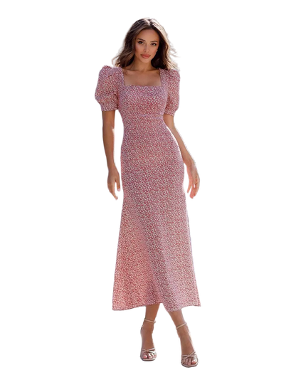 Womens Floral Midi Dress with Square Neck and Puff Sleeves