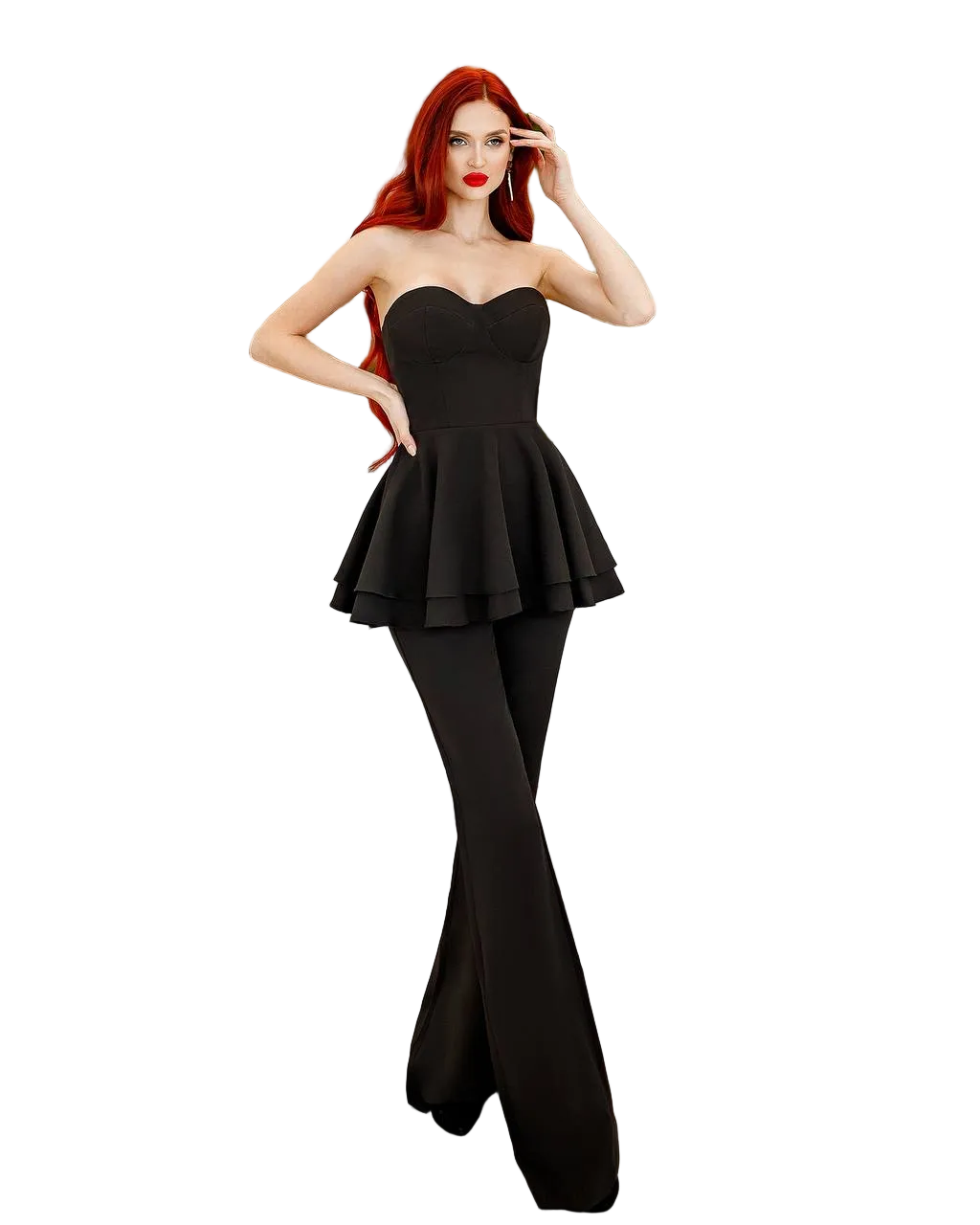Black Strapless Peplum Top and Flared Trousers Suit Crepe Diagonal
